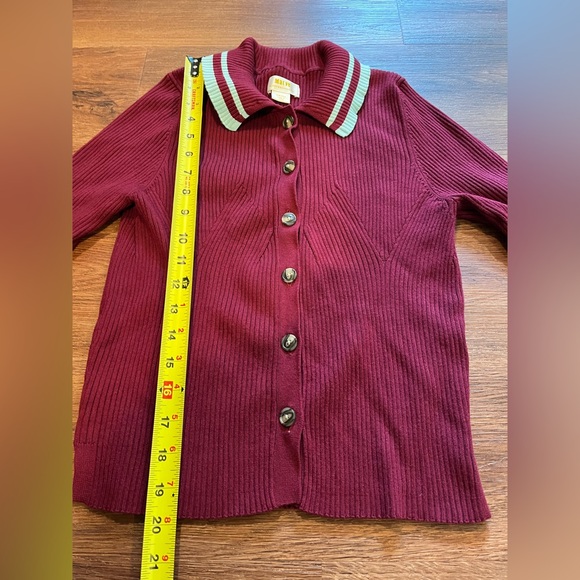 ANTHRO MAEVE Plunging Long-Sleeve Polo Cardigan Burgundy Baby Blue Ribbed Small - Picture 16 of 17